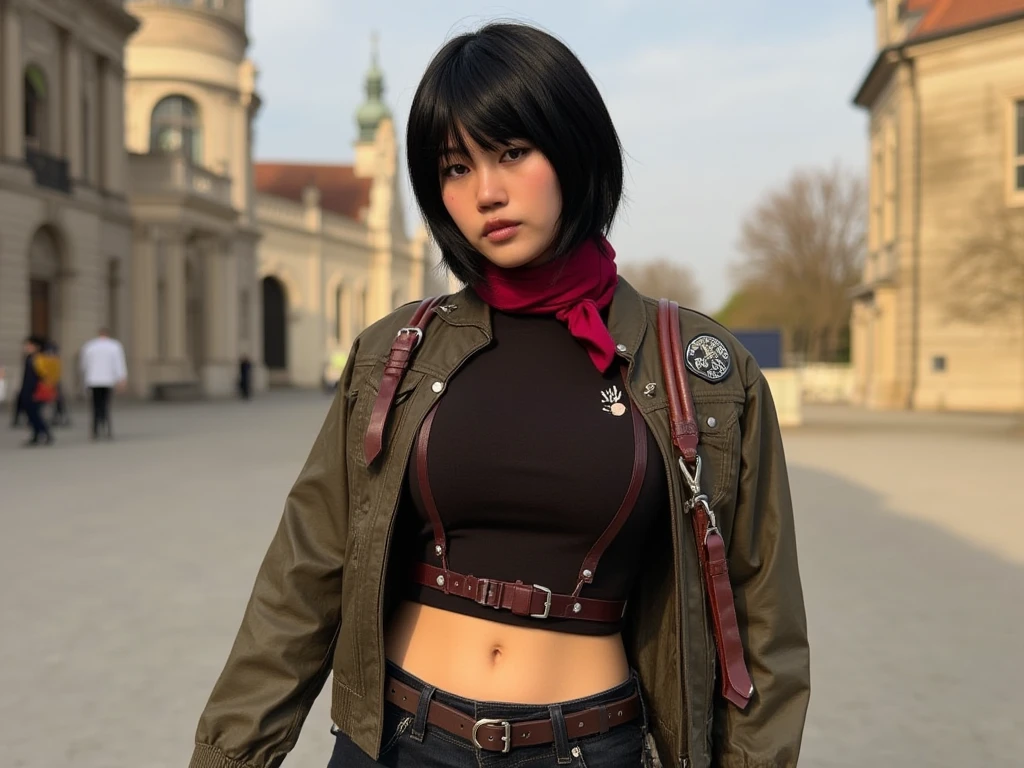 cosplay, woman cosplay, Mikasa Ackerman, 1girl, solo, short black hair, large breasts, athletic build, standing heroically, looking at viewer, serious expression, red scarf, jacket, belt, navel, midriff, realistic, outdoors, 1800s german inspired buildings, this is a high-resolution photograph featuring a young woman with light skin and short, straight black hair. She has a serious, intense expression, her sharp gaze fixed on the camera. Her attire includes a military-style jacket with the Scout Regiment emblem on the shoulder, a maroon scarf wrapped around her neck, and a black crop top exposing her toned midriff. her legs slightly apart. The lighting is soft and warm, highlighting the textures of her leather harness and jacket, while casting shadows that emphasize her strong jawline and determined expression.