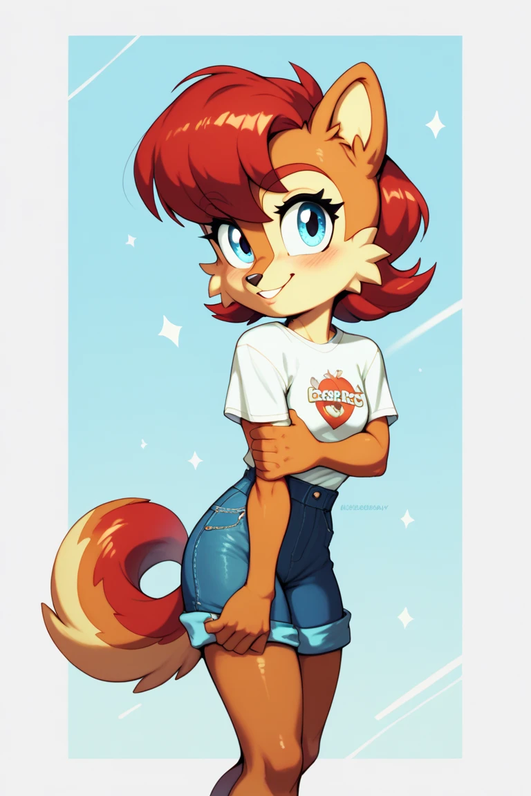 (Deer:1.1), (face portrait:1.1), anthro, female, (front:1.4), (flat chested:1.1), bangs, (hooves:1.1), navel piercing, very long black hair, red hair, thin waist, (skinny:1.1), sitting, jorts, (t-shirt:1.1), (wink,:1.4), by cyancapsule, by hyattlen, by dimwitdog, (by skygracer:1.1)