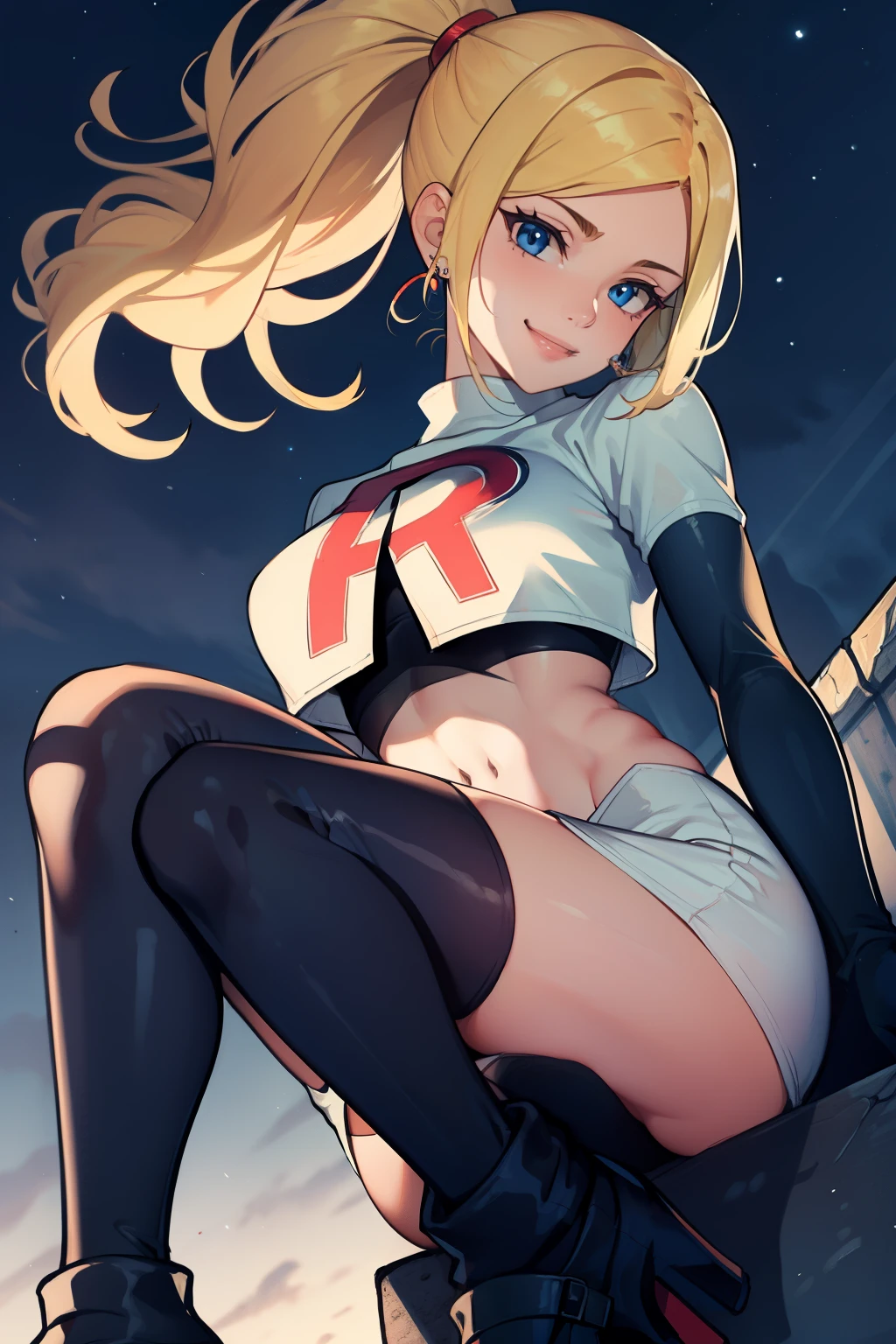 rosalina, ,earrings ,red lipstick, blue eye shadow, heavy makeup ,team rocket uniform, red letter R, white skirt,white crop top,black thigh-high boots, black elbow gloves, evil smile, looking down on viewer, sitting down ,legs crossed, night sky background