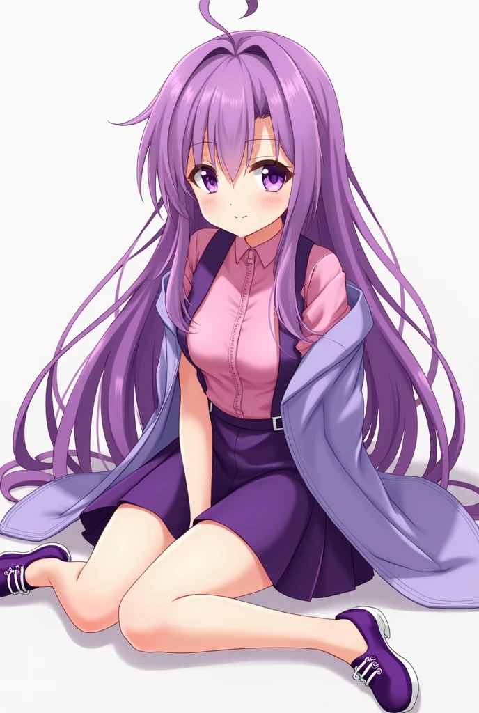 anime artwork <lora:Hitagi:1> 1girl, ass, bangs, collarbone, cowboy shot, hitagi, long hair, long sleeves, looking at viewer, naoetsu high school uniform, purple hair, school uniform, scissors, simple background, skirt, solo, solo focus, thighhighs, zettai ryouiki . anime style, key visual, vibrant, studio anime, highly detailed