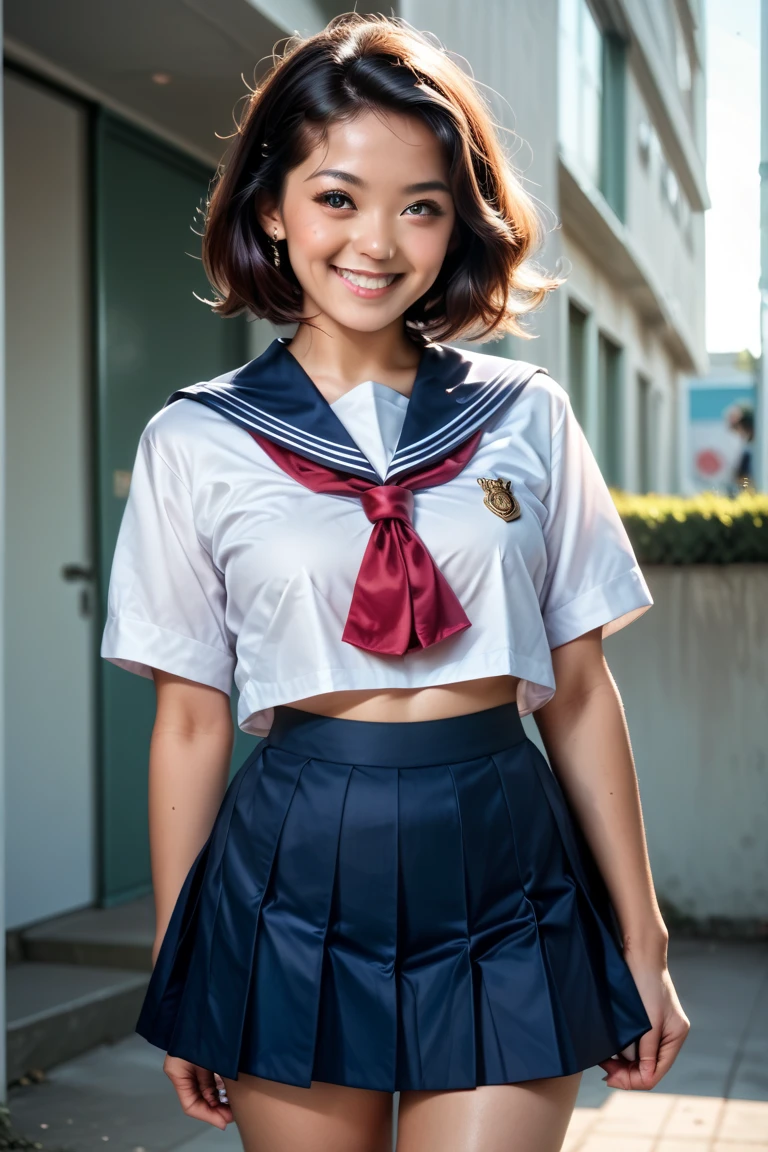 （8K、Raw photography、highest quality、masterpiece：1.2),(black haired、very short hair:1.8),(twin mitsu braid:1.4)、show viewer,Looking at the front,erotic,白いskin,(girls school uniform:1.9)、()、(Clothing that emphasizes the shape of your chest、publish one&#39;skin:1.5)、(big breasts :1.4)、slim body shape、ultra high resolution,beautiful,beautiful fece,(alone、no background:1.9),whole bodyボディー,japanese woman,（Photoreal：1.37）、photon mapping,reality、(Baby-faced and cute: 1.0)、(cute smile: 1.7)、(With a round face: 1.7)、radio city、Physically based rendering、depth of field rally background、photograph, (I can see your knees、short skirt、I can see white panties、close up of thighs:1.8),（show polka dot panties:1.4）,whole body、super fine
