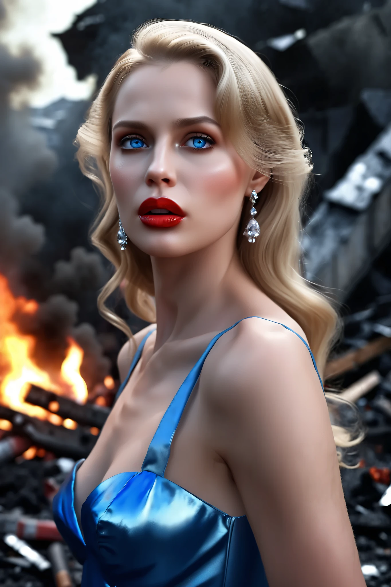 Incomparable masterpiece, ultra-realistic 8k CG, perfect artwork, ((perfect female image)), mature woman, slender waist, seductive, clean, beautiful face, {extremely delicate and beautiful girl} , 8k wallpaper, {{{Masterpiece}} }, 1girl, blonde hair, blue eyes, cocktail dress,jewelry, lips, lipstick, long hair, look spectator, makeup, lips, red lips, solo, upper body, (shiny skin),perfect body, perfect face,perfect skin. In contrast: An apocalyptic background scene behind her,filled with fire,smokerubble,debris,ash, devastation, Photo realistic, cinematography, realistic looking,realism, portrait photography masterpiece.