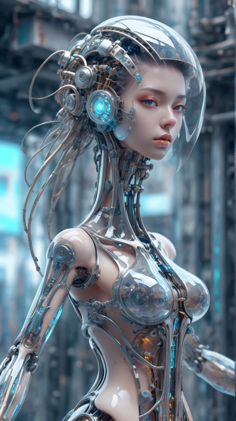 The portrait de cuerpo entero of an sexual android with the appearance of a beautiful young woman, anatomically correct, which has a semitransparent body, which allows you to see parts of its circuits, mechanical and organic parts and with the style of illustrator Lee Evans.