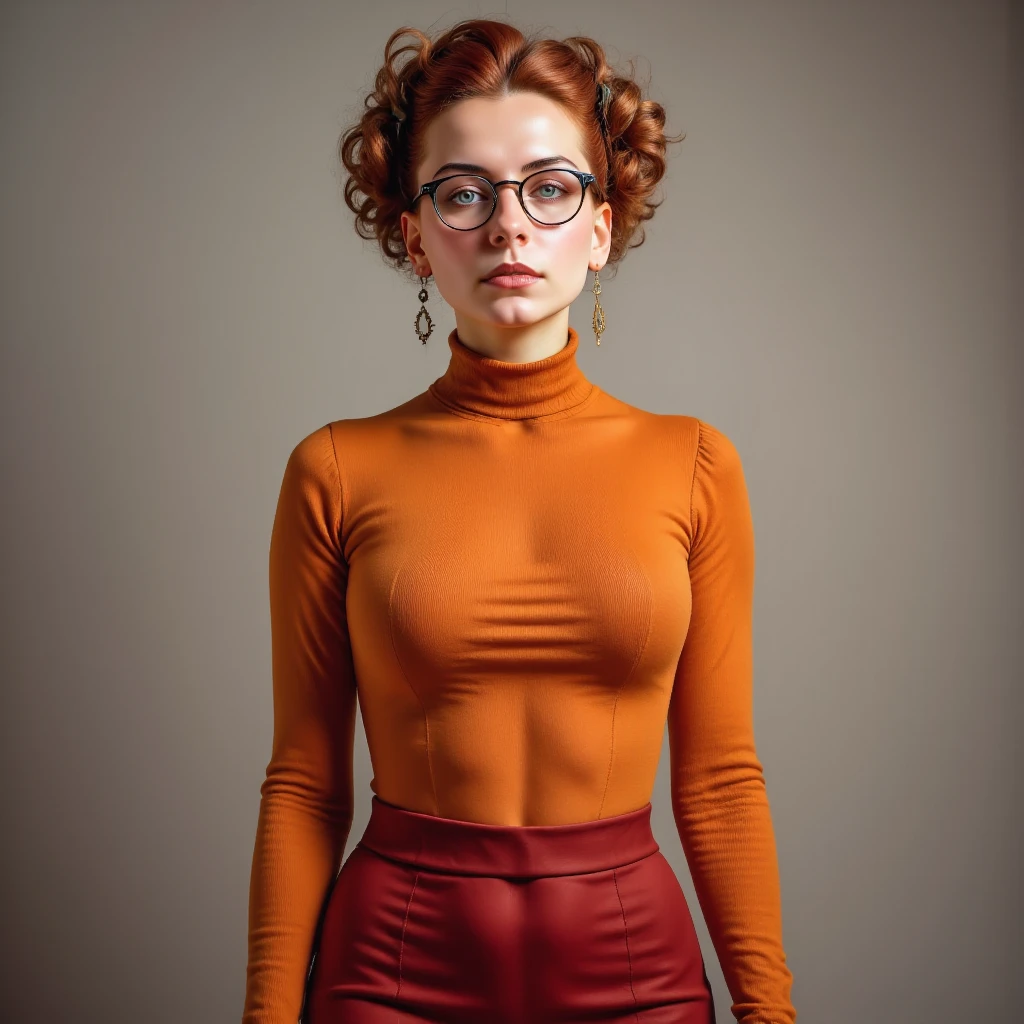  brown hair, velmad, 1girl, short hair, black eyes,upper body, portrait, orange turtleneck, black-framed eyewear, solo, hair bow, red skirt, freckles, orange socks, long sleeves, looking at viewer, cowboy shot, simple background, masterpiece,best quality,amazing quality,very aesthetic,absurdres,newest,