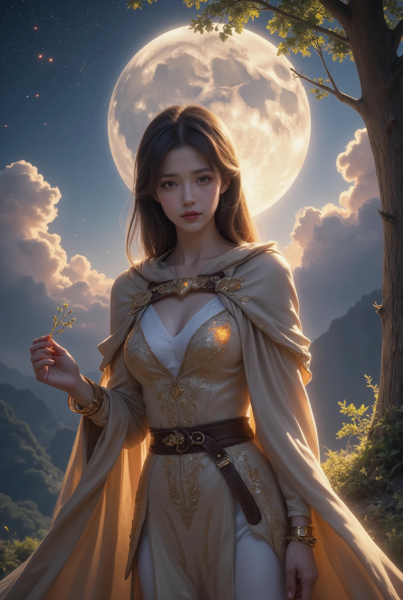  Anime woman in her 20s .  Her facial features are orthodox . Her hair is brown and straight  ,  beautiful brown eyes,  pink lips,  she wears a long light gold cloak ,  she wears a dark brown belt with gold details,  The sleeves of the inner tunic are white with orange embellishments .  she wears a gold bracelet , (  photorealism :1.2),  knight,   Beautiful Starry Sky ,  moonlight, Shining Star, Shining Star, Flowing Clouds, Large Tree, Grass Square,  best quality,  high res,  high image quality, 8k, masterpiece, 