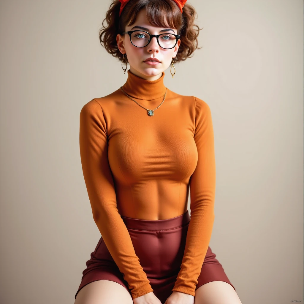  brown hair, velmad, 1girl, short hair, black eyes,upper body, portrait, orange turtleneck, black-framed eyewear, solo, hair bow, red skirt, freckles, orange socks, long sleeves, looking at viewer, cowboy shot, simple background, masterpiece,best quality,amazing quality,very aesthetic,absurdres,newest,