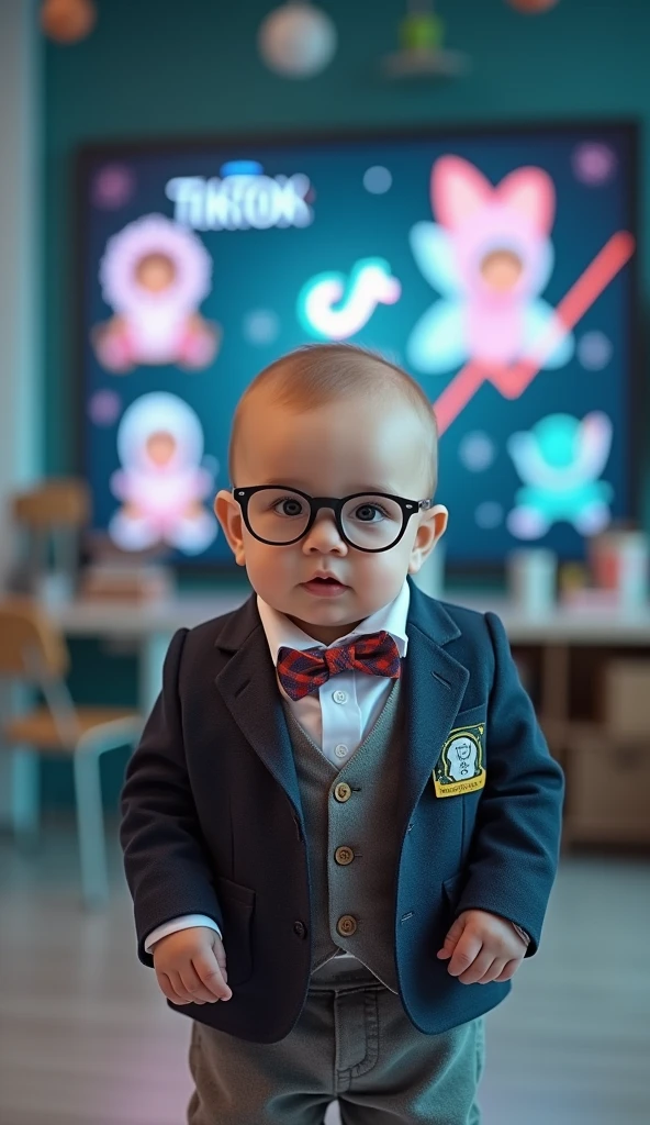 Um menino de 3 anos, com traje de detetive, Using a magnifying glass inside an office