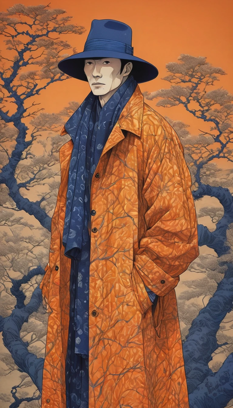 man wearing a hat and huge orange trench coat with a long neck ,  crossing their arms ,  beautiful loose-fitting fabric with detailed and intricate dark blue textile designs,  by Tsutomu Nihei  ,( strange but extremely beautiful:1.4),(  masterpiece,  better quality :1.4),in the style of nicola samori,Mante, Ukiyo-e art,d style page&#39;Erik Madigan Heck,retrato, illustration,Drawing,Contour,bold Contour, luminous  , tattoo design ,Alex Gross style page ((8K)) ((ULTRA HIGH DEFINITION)) (( masterpiece)) ( upper half of the body ).  background of branches that integrate with his hat and some parts of the clothing . 