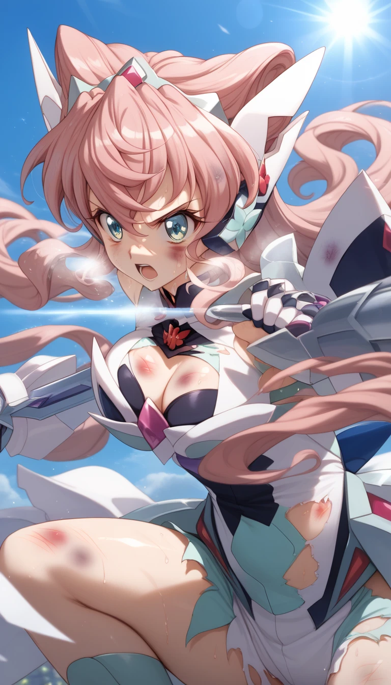  top quality ,  soft light during the cruise,  super high res,  cute, Beautiful face in every detail , high resolution details of human skin texture, shiny skin,sweat,Heat, white breath ,Take a deep breath, Maria Kadenzavna Eve, pink hair,, battle costume,Outdoor Arena,sunlight, serious eyes,Ready,Big eyes, Symphogear ,armed gear , open mouth ,Fighting pose,bruised body, hair ornament, torn clothes , long hair, has a weapon ,whole body