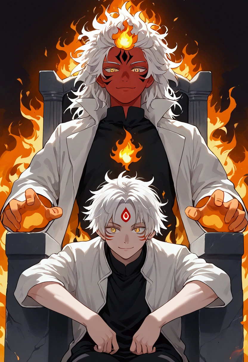 man, fiery hair, white skin, red face paint, anime style, fire powers, yellow cat eyes, white hair, cat-like third eye on forehead, orange hands, closed-mouth smile, messy hair, light white jacket, black top underneath, sitting on a throne, hands covered in fire, kitsune