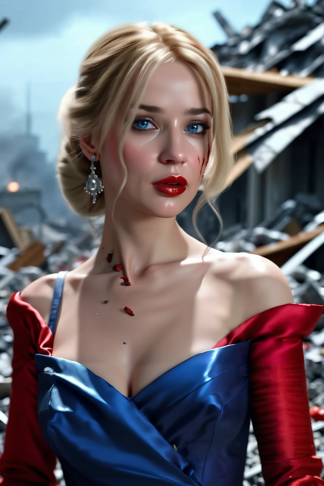 Incomparable masterpiece, ultra-realistic 8k CG, perfect artwork, ((perfect female image)), mature woman, slender waist, seductive, clean, beautiful face, {extremely delicate and beautiful girl} , 8k wallpaper, {{{Masterpiece}} }, 1girl, blonde hair, blue eyes, cocktail dress,jewelry, lips, lipstick, long hair, look spectator, makeup, lips, red lips, solo, upper body, (shiny skin). An apocalyptic background scene behind her,filled with rubble,debris,ash, devastation, Photo realistic, cinematography, realistic looking,realism, portrait photography masterpiece.