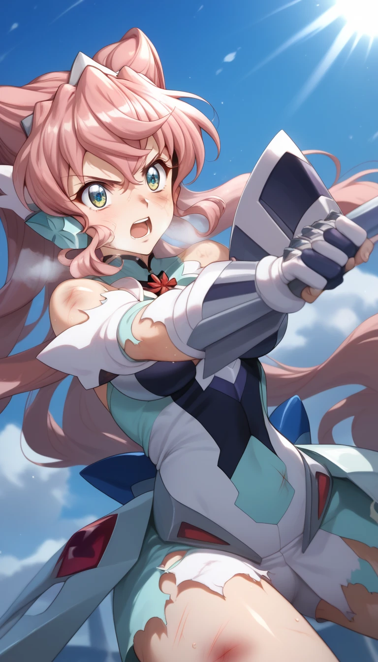  top quality ,  soft light during the cruise,  super high res,  cute, Beautiful face in every detail , high resolution details of human skin texture, shiny skin,sweat,Heat, white breath ,Take a deep breath, Maria Kadenzavna Eve, pink hair,, battle costume,Outdoor Arena,sunlight, serious eyes,Ready,Big eyes, Symphogear ,armed gear , open mouth ,Fighting pose,bruised body, hair ornament, torn clothes , long hair, has a weapon ,whole body,night