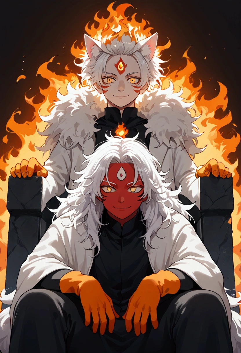 man, fiery hair, white skin, red face paint, anime style, fire powers, yellow cat eyes, white hair, cat-like third eye on forehead, orange hands, closed-mouth smile, messy hair, light white jacket, black top underneath, sitting on a throne, hands covered in fire, kitsune, cat eyes