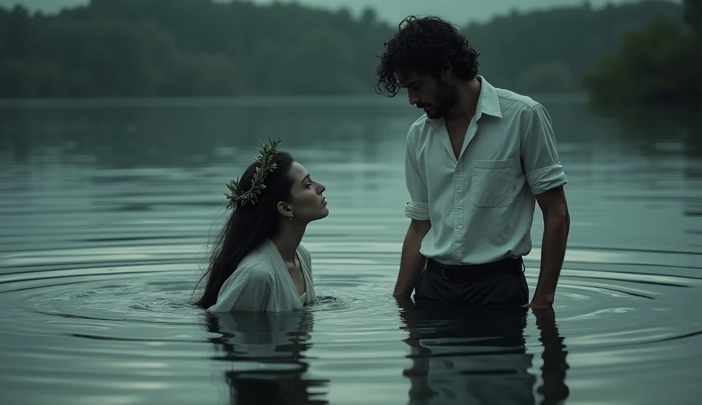 a young white male and young female dressed in formal clothes, dancing waltz in shallow water of a grotto, candles, flower petals, intimate, romantic mood, beautiful detailed eyes, beautiful detailed lips, extremely detailed eyes and face, longeyelashes, elegant ballroom dance, intricate dress, flowing dress, water ripples, mist, dramatic lighting, moody lighting, warm colors, golden hour, soft focus, photorealistic, highly detailed, masterpiece, beautiful faces, detailed faces, nordic faces