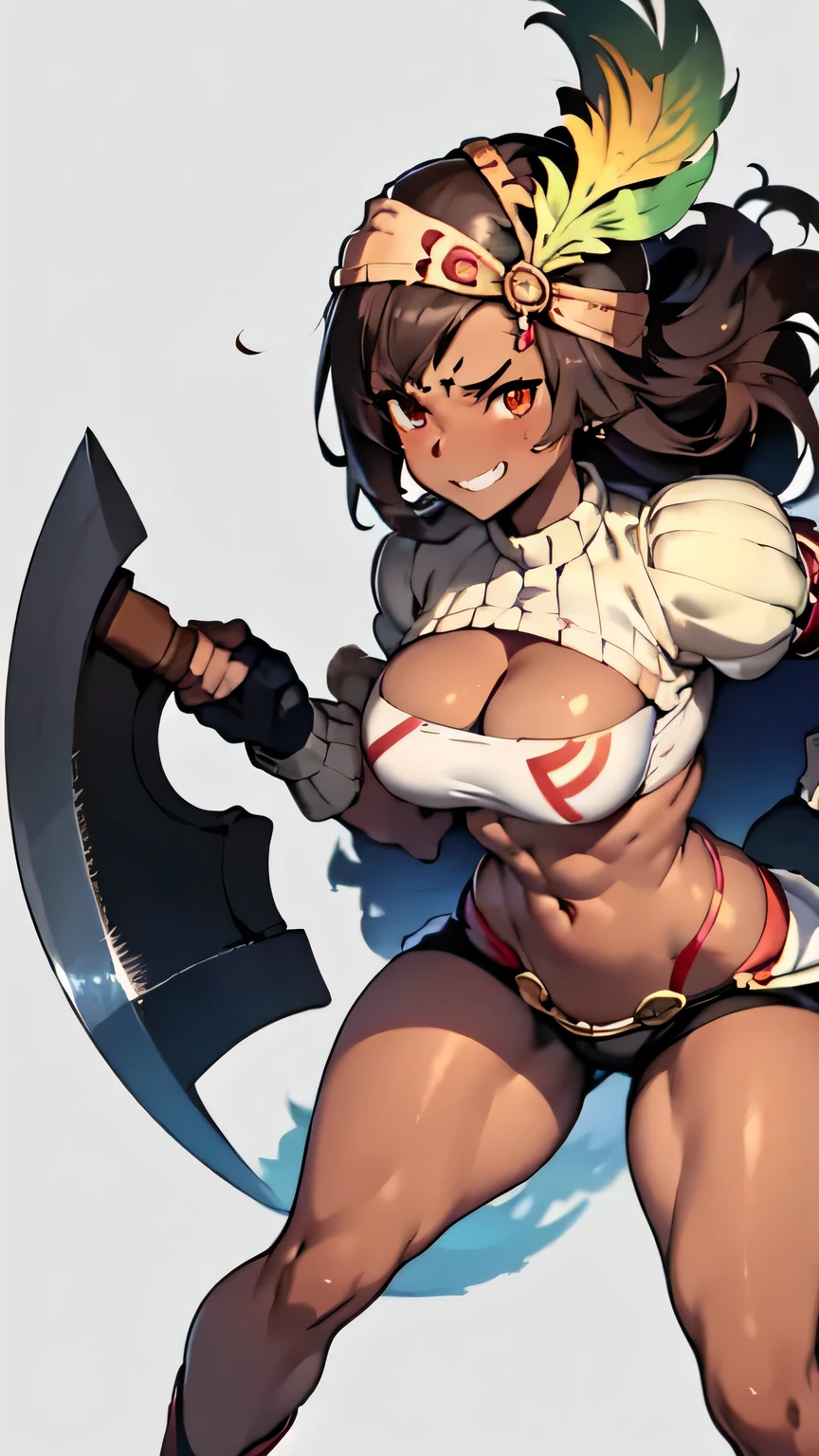 masterpiece, best quality, ff9lani, dark skin, bandana, feather hair ornament, turtleneck, cleavage, puffy sleeves, bandeau, red overskirt, thight short shorts, fingerless gloves, large breasts, holding axe, axe, looking at viewer, huge weapon, grin, castle, red sky, white_micro_top, ((thick thighs)), ((narrow waist)), ((wide hips)) toned body, muscular female, tan skin, ((vivid colors)) ((high contrast)) slim body, shreded abs, athletic body, ((full body)), sexy, evil, ((tan lines)) ((reddish-brown hair))