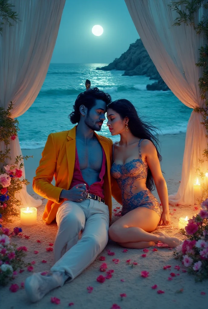 An anime inspired bold and evocative artistic scene of Krishna and Radha on a serene moonlit beach, blending divine mythology with daring modern aesthetics. Krishna, with radiant blue skin, reclines confidently on luxurious bedding laid in the soft sand, surrounded by cascading curtains that billow gently in the sea breeze. He wears a modern, fitted mustard-yellow blazer left unbuttoned over a sculpted chest and deep crimson shirt, paired with slim white trousers. His iconic flute lies close to him, and a peacock feather in his hair. Radha, with sun-kissed golden-white skin and flowing hair, wears a daring, semi-tranaparent sheer low-waist sundress in blue and deep pink tones. She leans intimately toward him her gaze bold and unrestrained.. Around them, vibrant flowers in lush arrangements spill onto the sand, mingling with scattered jasmine petals that glimmer under the candlelight. Elegant candelabras and flickering candles cast a warm, golden glow over the scene. The waves shimmer softly in the background, heightening the mystical and romantic atmosphere of this captivating moment.
