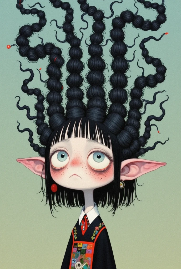  There is a cartoon image of a girl，There is a cartoon image of a girl with a huge hairstyle , Hair like dark clouds, Hair monster,  Black-haired girl