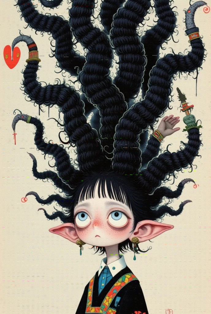  There is a cartoon image of a girl，There is a cartoon image of a girl with a huge hairstyle , Hair like dark clouds, Hair monster,  Black-haired girl