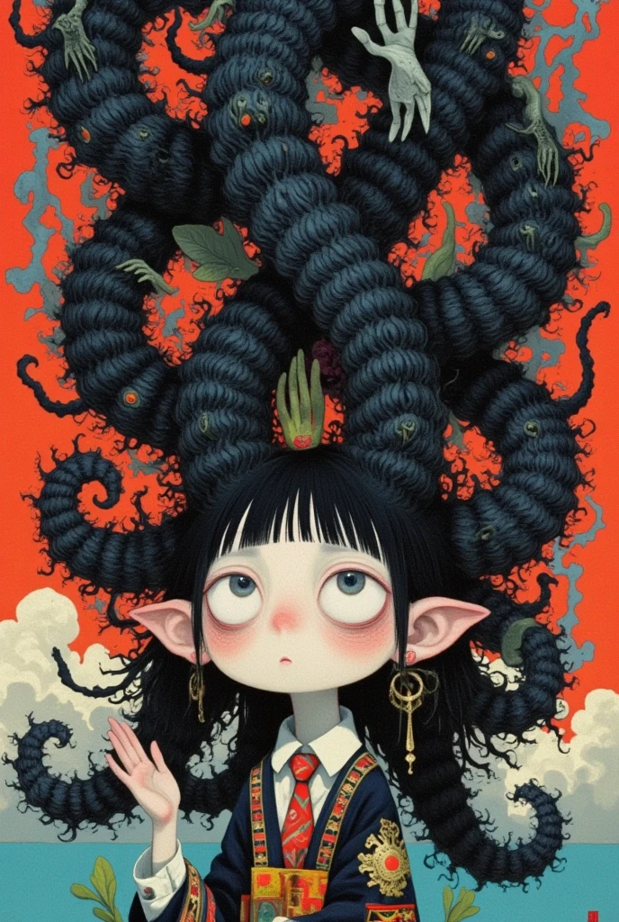  There is a cartoon image of a girl，There is a cartoon image of a girl with a huge hairstyle , Hair like dark clouds, Hair monster,  Black-haired girl