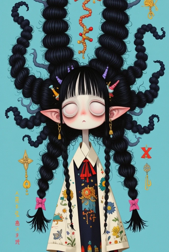  There is a cartoon image of a girl，There is a cartoon image of a girl with a huge hairstyle , Hair like dark clouds, Hair monster,  Black-haired girl