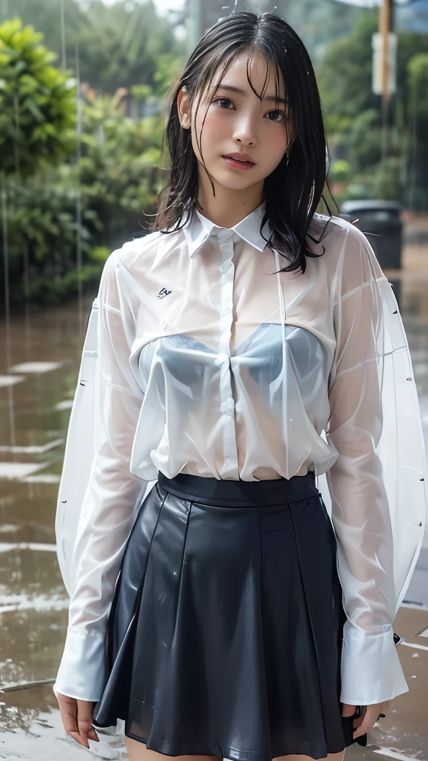 highest image quality taken by Ki, Masterpiece, 8k, beautiful high school girl standing in the schoolyard on a heavy rainy day, is wearing a short-sleeved white shirt and a cute patterned skirt, Rain-soaked hair, Rain-soaked clothes, Rain-soaked skin, (Clothes that got wet in the rain and stuck to the skin:1.5), (A shirt that was see-through when wet in the rain:1.5)