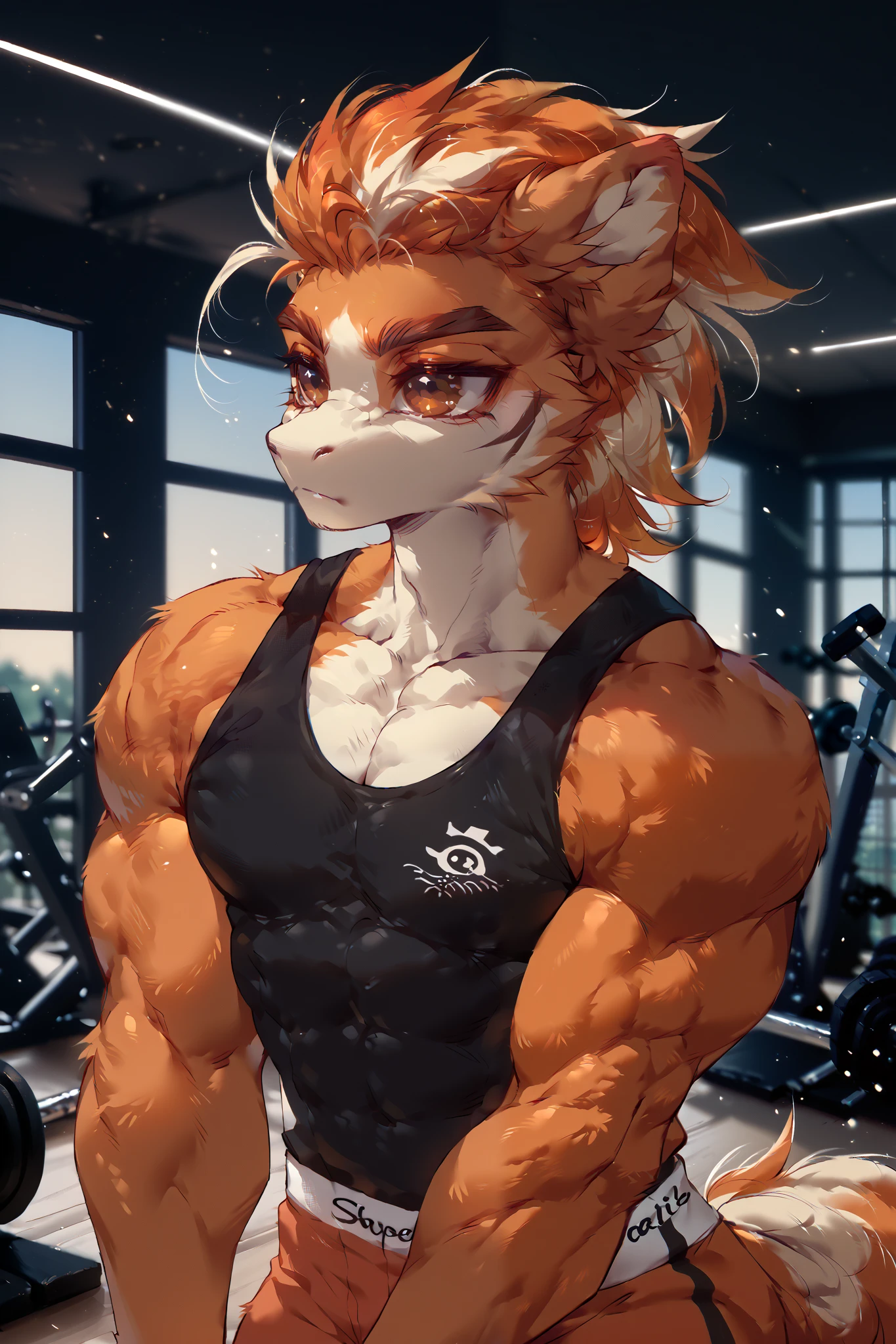 Furry,hasky siberiano,muscle,Otake,eyes,Otake Takemoto,strong,orange fur, brown eyes,furry,gym