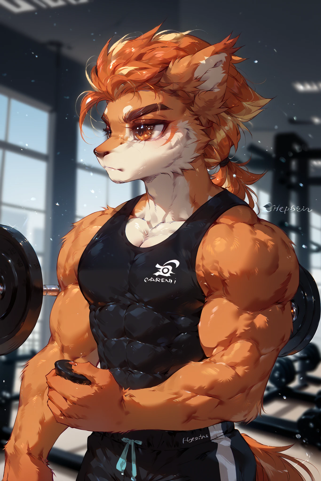 Furry,hasky siberiano,muscle,Otake,eyes,Otake Takemoto,strong,orange fur, brown eyes,furry,gym