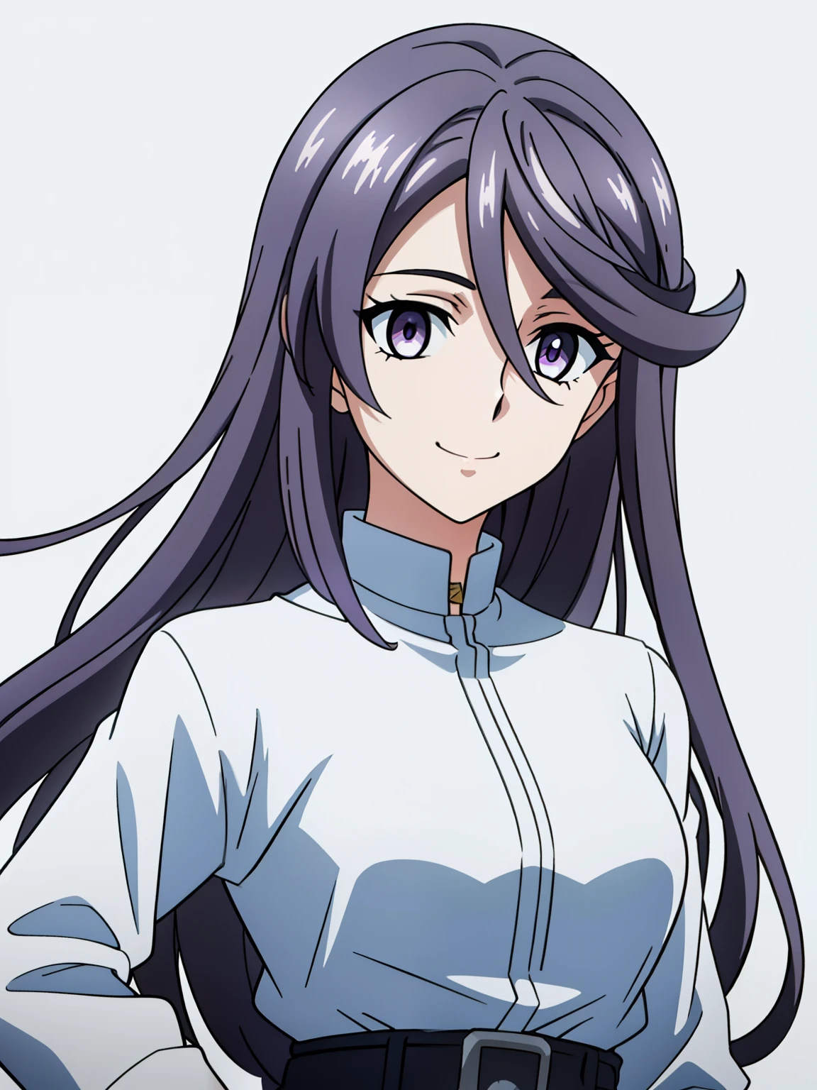 hair over one eye(high-quality, breathtaking),(expressive eyes, perfect face) 1girl, female, solo, adult age, Symmetrical Eyes, simple background, medium hair, portrait, looking at viewer, purple eyes, blue hair, black streaks, sprite, facing viewer, looking at viewer, standing straight, front view, G Gundam style, white shirt, green jacket, hourglass figure, cute smile, belt, pants, medium full shot, shirt tug
