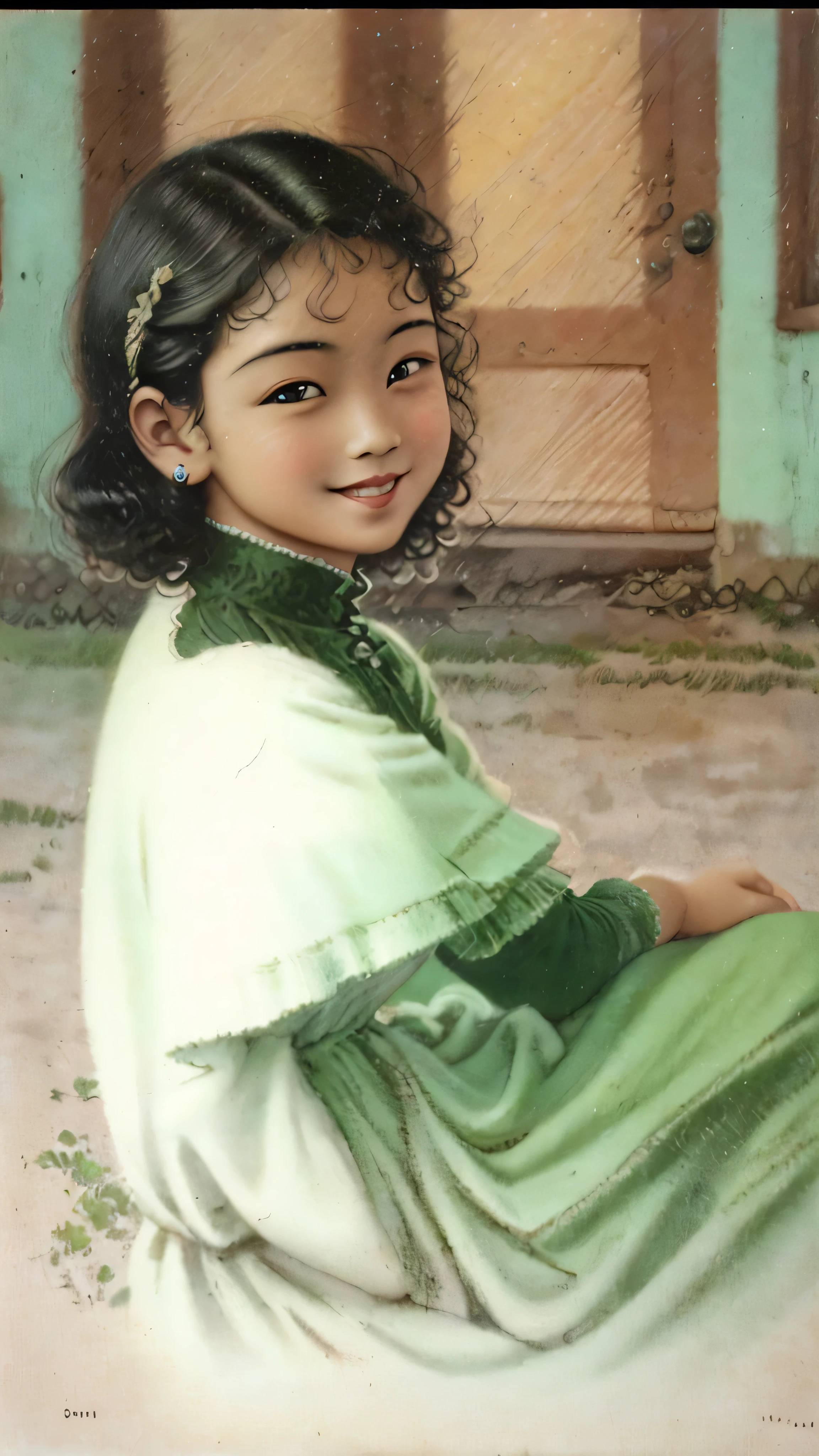 there is a young girl sitting on the floor with a green dress, very very low quality picture, young girl, very beautiful girl, , innocent smile, absolutely outstanding image, photo of the girl, of an beautiful angel girl, with a beautifull smile, beautiful image, cute young girl, profile pic, cute beautiful, photo taken in 2 0 2 0HD, (Best Detail), (Best Quality), Vintage Poster, Traditional Media,