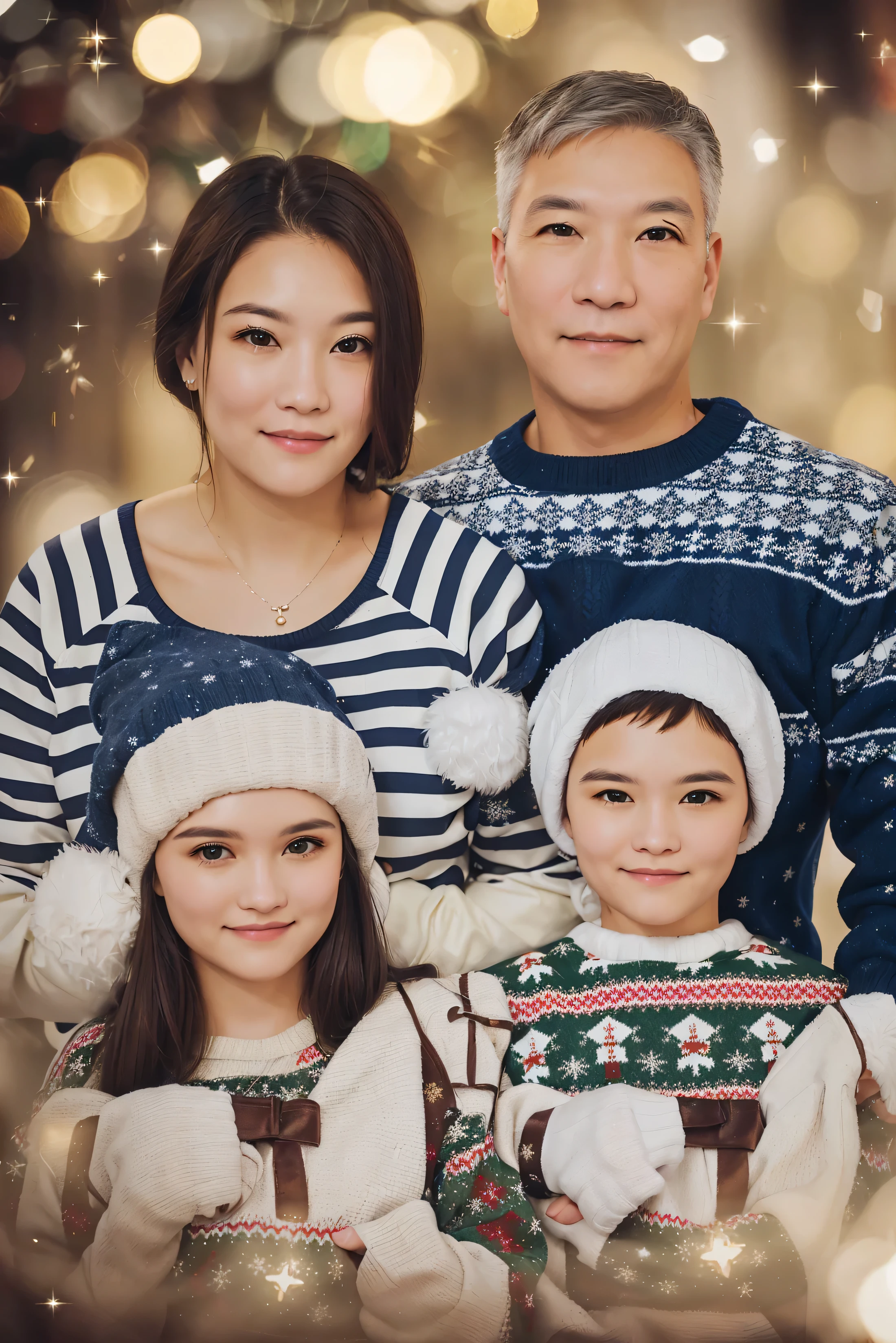  two s wearing Christmas sweaters, and parents mom and dad ,  photographic photo,  highest quality,  extreme detail  , don&#39;t change anything