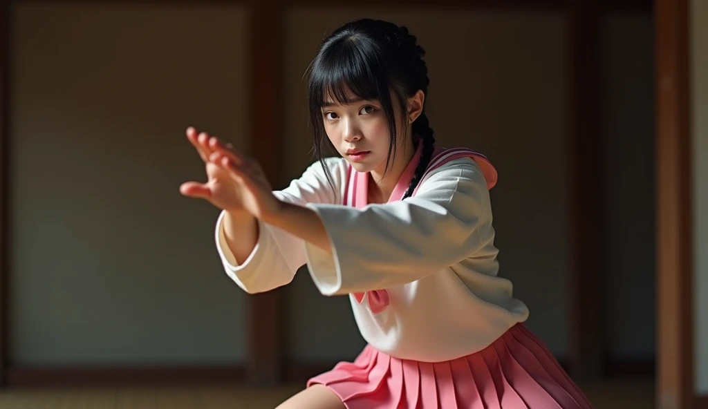 A smiling Japanese high school girl with straight black hair is practicing kung fu. It&#39;s like a photo.。

The uniform is a white shirt。

The skirt is navy blue。Gray checkered pattern with black overall。

Skirt length is shorter than above the knee。
The length of the hair is very long。
The bangs are neatly trimmed and cover the eyebrows.。

Nogizaka46-ish. Seen from the right. Height 180cm.。 Model-like. Both of their faces are visible, so it&#39;s almost like a photograph.