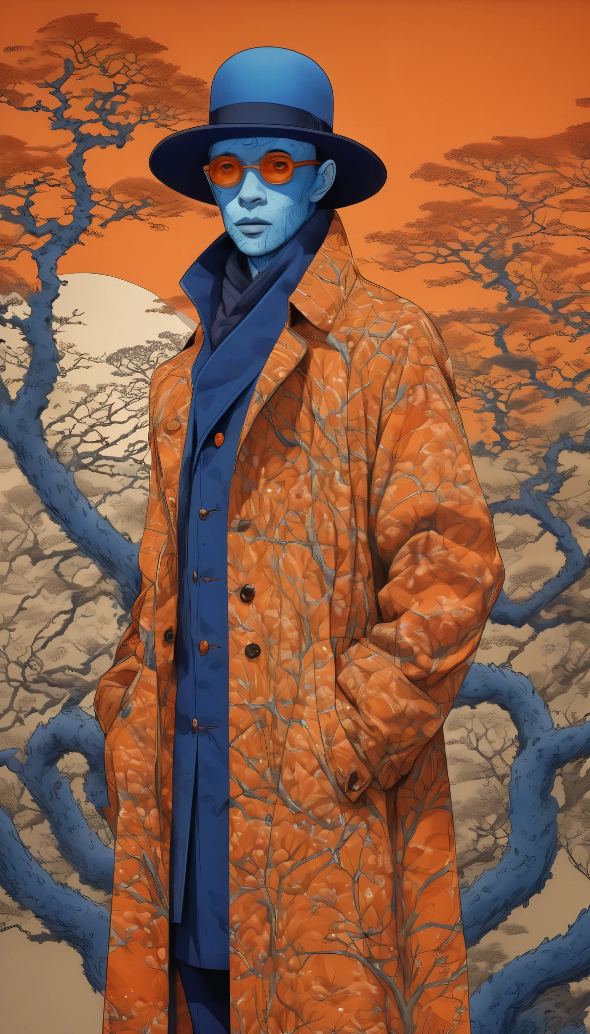 man with blue skin ,  has strong and marked features ,  wears a bowler hat ,  wears round reflective lenses ,  wears huge orange long neck trench coat,  crossing their arms ,  beautiful loose-fitting fabric with detailed and intricate dark blue textile designs,  by Tsutomu Nihei  ,( strange but extremely beautiful:1.4),(  masterpiece,  better quality :1.4),in the style of nicola samori,Mante, Ukiyo-e art,d style page&#39;Erik Madigan Heck,retrato, illustration,Drawing,Contour,bold Contour, luminous  , tattoo design ,Alex Gross style page ((8K)) ((ULTRA HIGH DEFINITION)) (( masterpiece)) ( upper half of the body ).  background of branches that integrate with his hat and some parts of the clothing . 