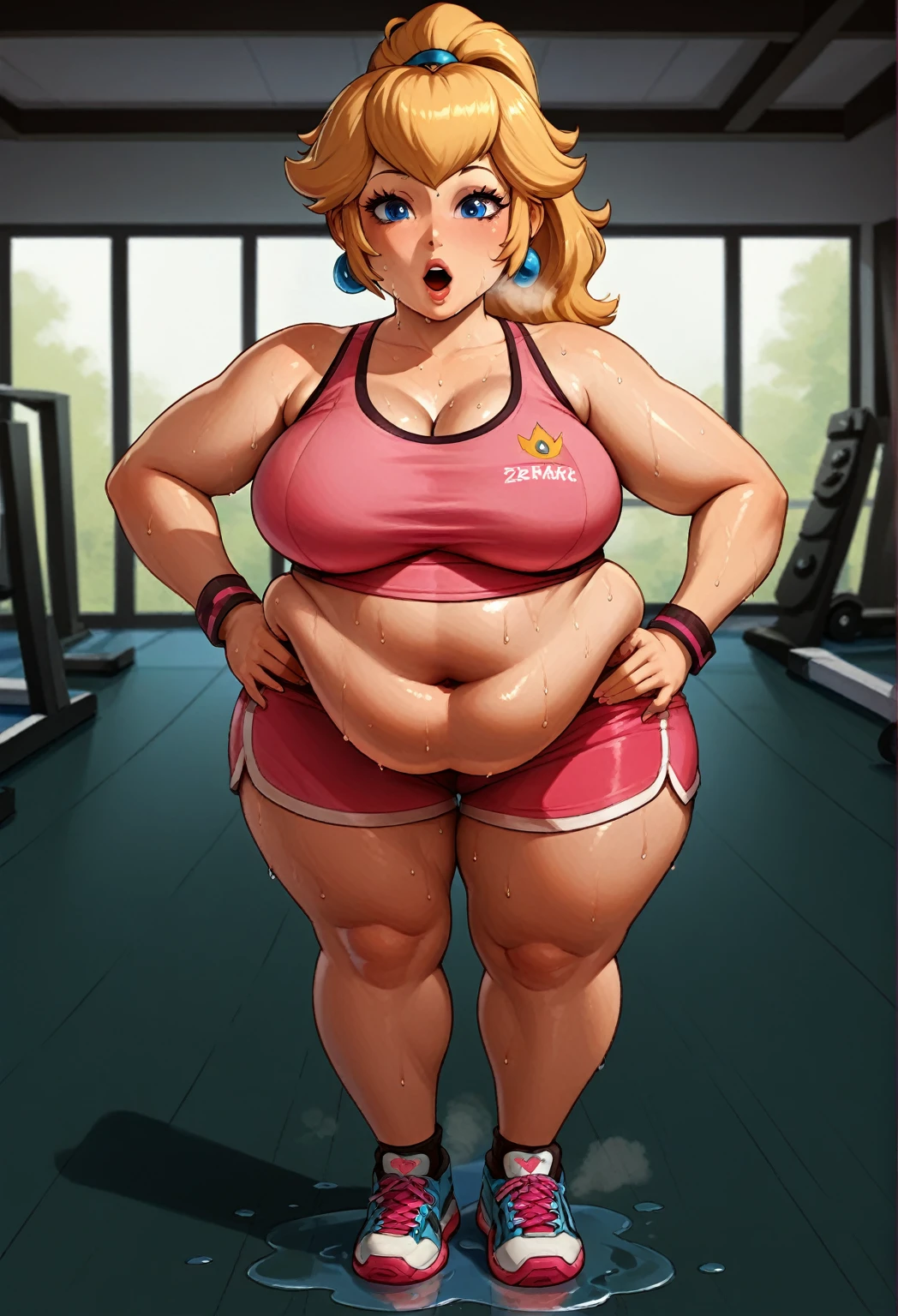 score_9, score_8_up, score_7_up, BREAK,princesspeach, 1girl, solo, , blonde hair, ponytail, jewelry, bracelet, makeup, casual, cowboy shot, blue eyes, looking at the viewer, large breasts, hands on hips, tight pink tanktop, sweaty, tight pink shorts, sweating profusely, open mouth, exhausted, heavy breathing, puddle of sweat on the ground, steam coming out her mouth, gym, indoors, thick, obese, soft belly, chubby, wide hips, sexy hips, half body, big belly, thicc thighs
