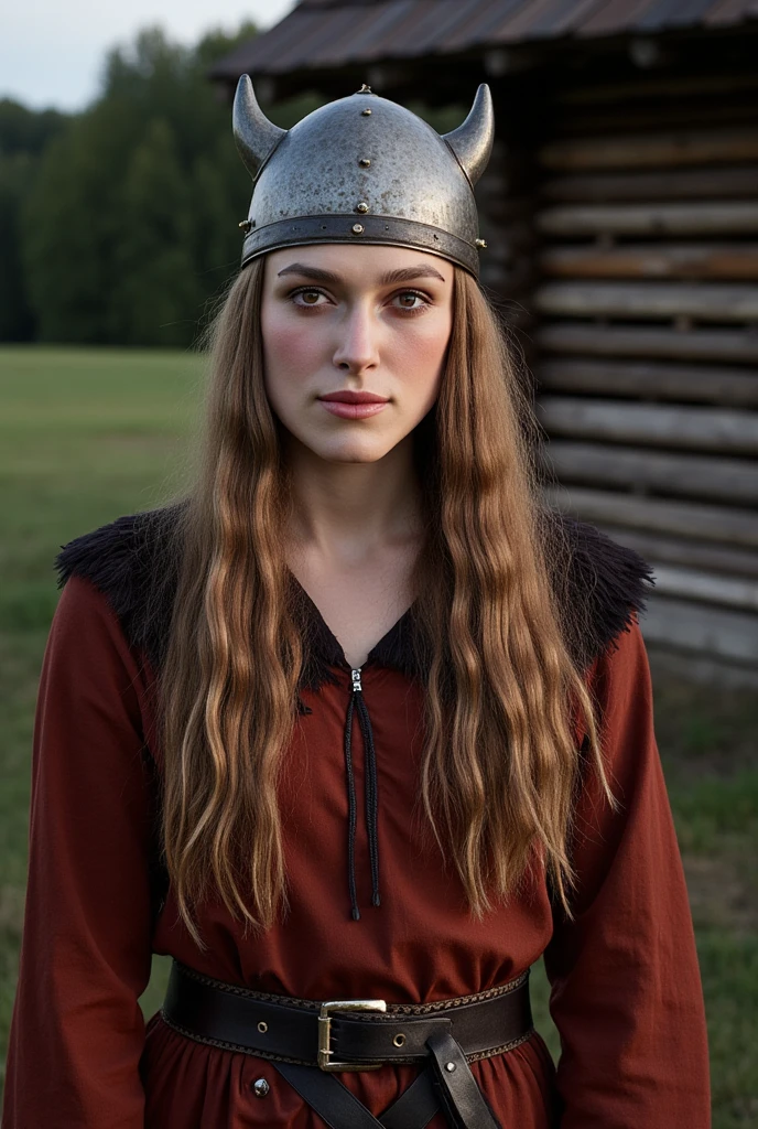 Front View, Viking Girl ,12th century,   viewers,  Swedish Girl ,  beautiful women, 18 years old, ( very detailed face, Normal eyes,  blue eyes,  Blonde, spotted eyes , Fuller lips, Small lips,  small smile ), ( Mid-chest ,  Slender Hoist , Middle Hip) ,( Viking Outfit ,  Close ,  Viking Helmet),  standing position ,  Near Log House ,  evening 