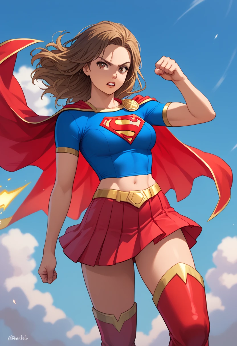 Kinosaki Arisa, with her sharp intellect and strong will, brings a determined and heroic aura to the classic Supergirl costume. The iconic blue top with the bold red and yellow 'S' emblem stands out against her cool, focused demeanor. Her sleek, short brown hair contrasts with the bright red cape that flows dramatically behind her, adding an element of power and grace to her presence. The red skirt and knee-high boots accentuate her athletic figure, emphasizing both her agility and strength.
Arisa’s calm yet determined expression reflects her readiness to face any challenge, combining her usual strategic mindset with the courage and strength of Supergirl. In this transformation, she radiates confidence, poised to protect and defend with a sense of responsibility and bravery. The Supergirl costume highlights her inner strength and intelligence, making her a symbol of both physical and mental resilience in the digital and real worlds.