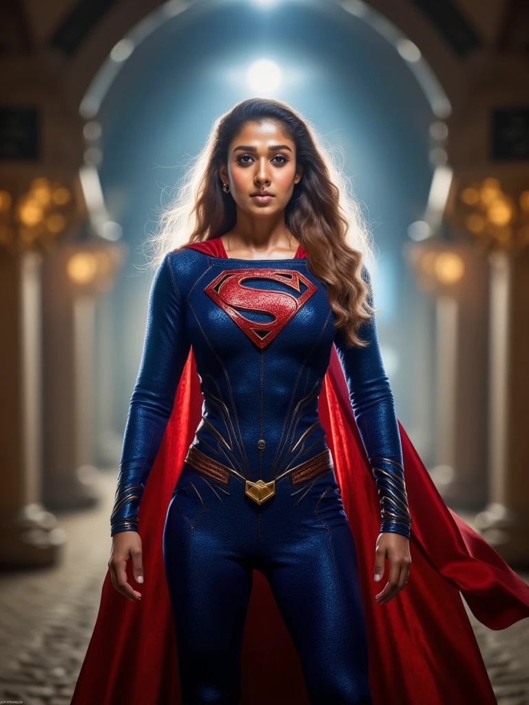 Design an image of Nayanthara as Superwoman. She is wearing a blue-and-red suit with a flowing cape and a golden emblem on her chest. The underground setting is styled like an epic cinematic Superman scene, with glowing beams of light breaking through cracks, creating a divine, powerful atmosphere. The walls feature faint Kryptonian symbols glowing subtly. Nayanthara looks at the camera with a bold, inspiring expression, standing tall as a beacon of strength.
 