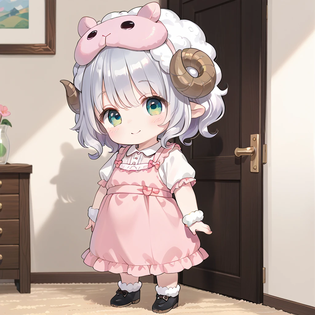 ((masterpiece, best quality, extremely detailed, absurdres)), Inside a room, fairy tale illustration, kawaii, 1girl, solo, (chibi:1.1), full body shot, standing, very cute smile, silver hair, very short hair, (curly hair:1.2), (sheep horns on head:1.4), (Sleepwear:1.4), 