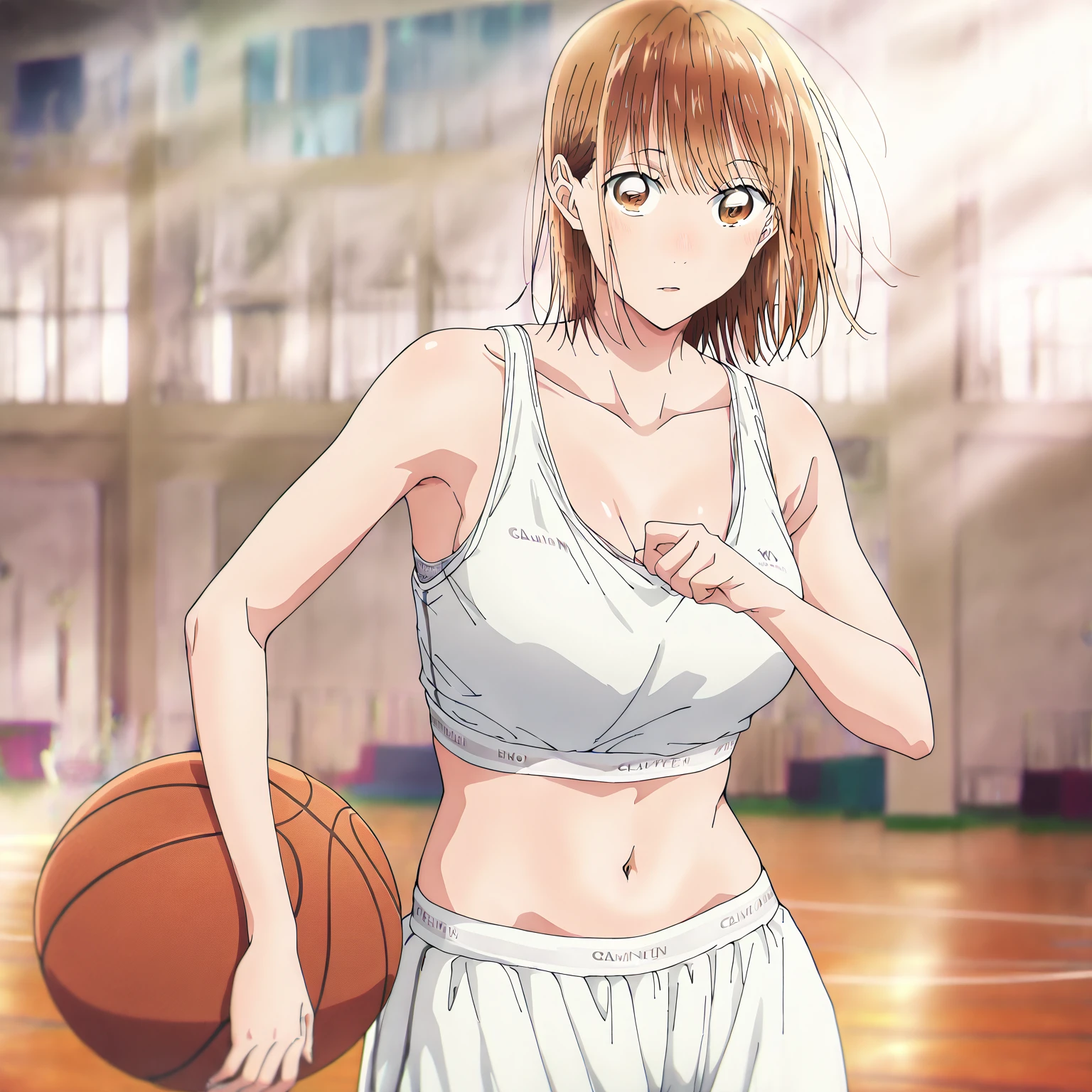   1 girl, Alone, Chinatsu,  Blurred Background,   brown eyes、  sports bra、 Calvin Klein、  spats、  clevis on a stone、belly button、Gym、   basketball only  、 viewers, masterpiece,  top quality,   High Quality ,    very sophisticated  ,   absurd