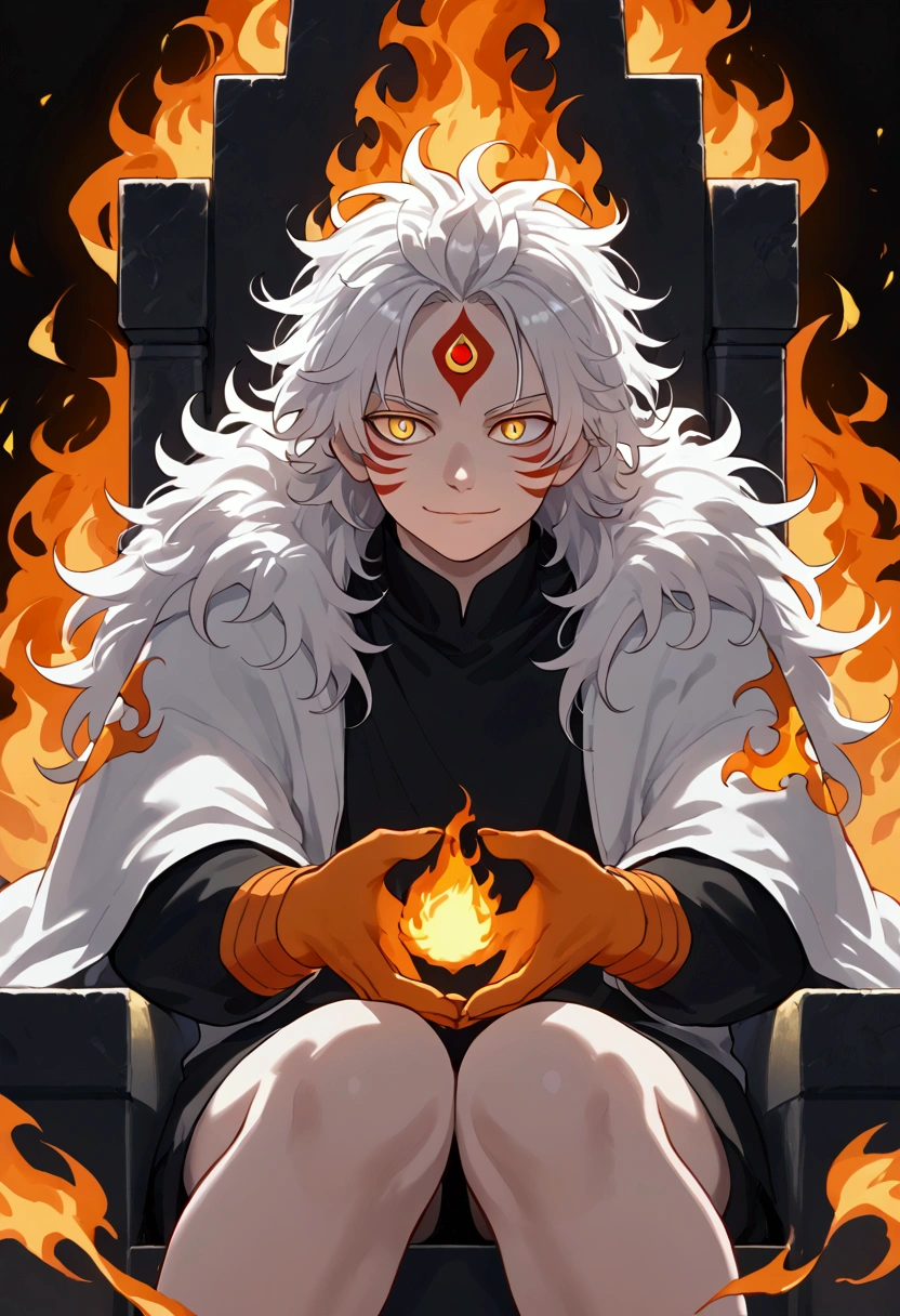 man, fire hair, white skin, red face paint, anime style, fire powers, yellow cat eyes, white hair, cat-style third eye on forehead, orange hands, closed-mouth smile, messy hair, light white jacket, black top underneath, sitting on a throne, hands covered in fire, kitsune, cat eyes, solo