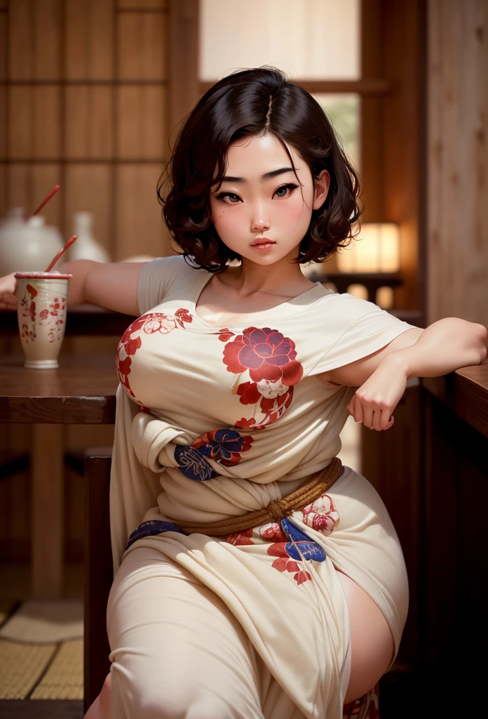 Beautiful woman, detailed face, updo hair, (yukata), tight belt, Japanese garden, bbw, morbidly obese, round belly, weight gain, (high quality lighting), drinking sake