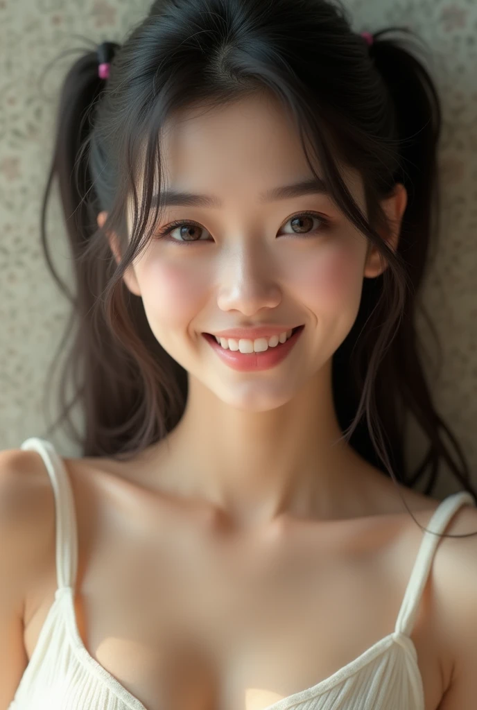raw photo, real photo, 18yo, drooping eyes, Beautiful clear eyes, unique, individual, distinctive face, real skin, Bare skin, slightly open mouth, high school uniform, (dripping, cleavage, fascinating chest), saggy breasts, saggy fascinating chest, lovely, neat, calm, happy, innocent, peaceful, soothing, youthful, irreplaceable, (Extremely high-density images, Ultra-high resolution, 8k, Extremely high resolution, Super fine skin texture), Armpit, dimple, double teeth, A big smile, charming,