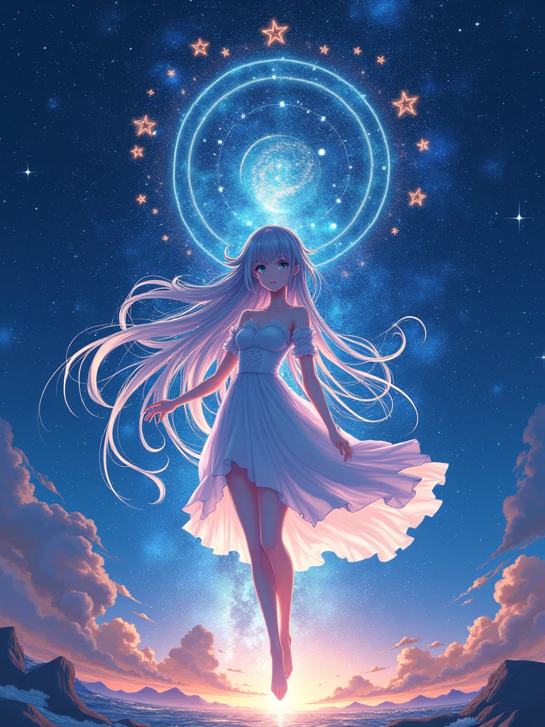An anime woman with galaxies behind her and the whole world evolved and she at the center of it all