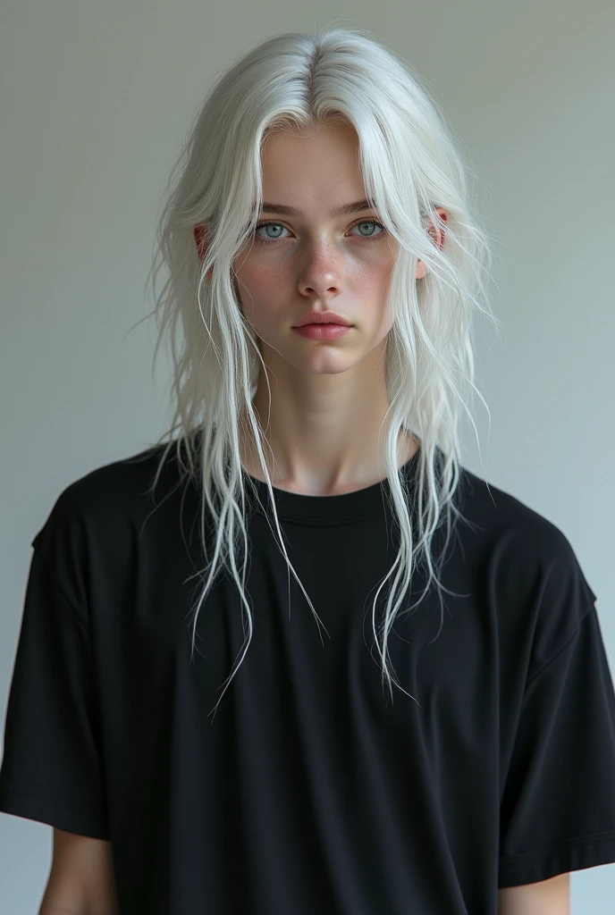 A ager with long silver hair and expressive blue eyes ,On a black background