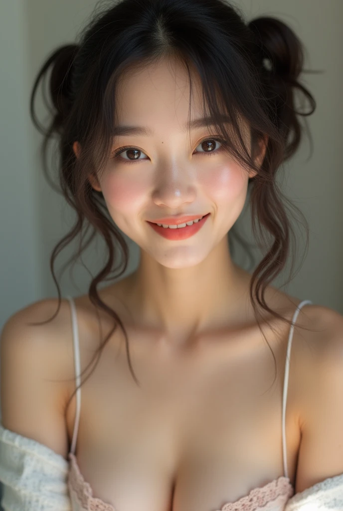 ((best quality, 8K, RAW photos, masterpiece :1.3)), (Practical、Practical:1.37)、Very detailed、Ultra-high resolution, (Professional lighting), ((From below:1.2)),((Full body image)),Solitary, 1 female, Solitary, (1), Japanese, Beautiful and delicate face, Shining eyes, Brown eyes,Small Breasts､ Small Breasts:1.3,(Nogizaka-style beautiful girl) , Delicate and beautiful skin, Texture, Blue Kitchen, 
(Healthy smile),(((Translucent underwear)))