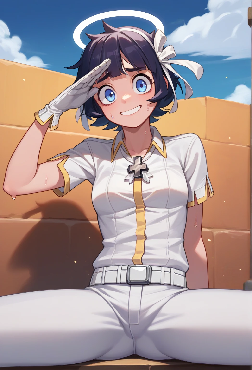 score_9, score_8_up, score_7_up, source_anime, solo, 1girl, htazazel, sweat, nervous, slight smile, looking at viewer, salute, hair ribbon, halo, white shirt, short sleeves, white gloves, white pants, white belt, cross necklace, outdoors, blue sky, cloud, no clothes, spread legs