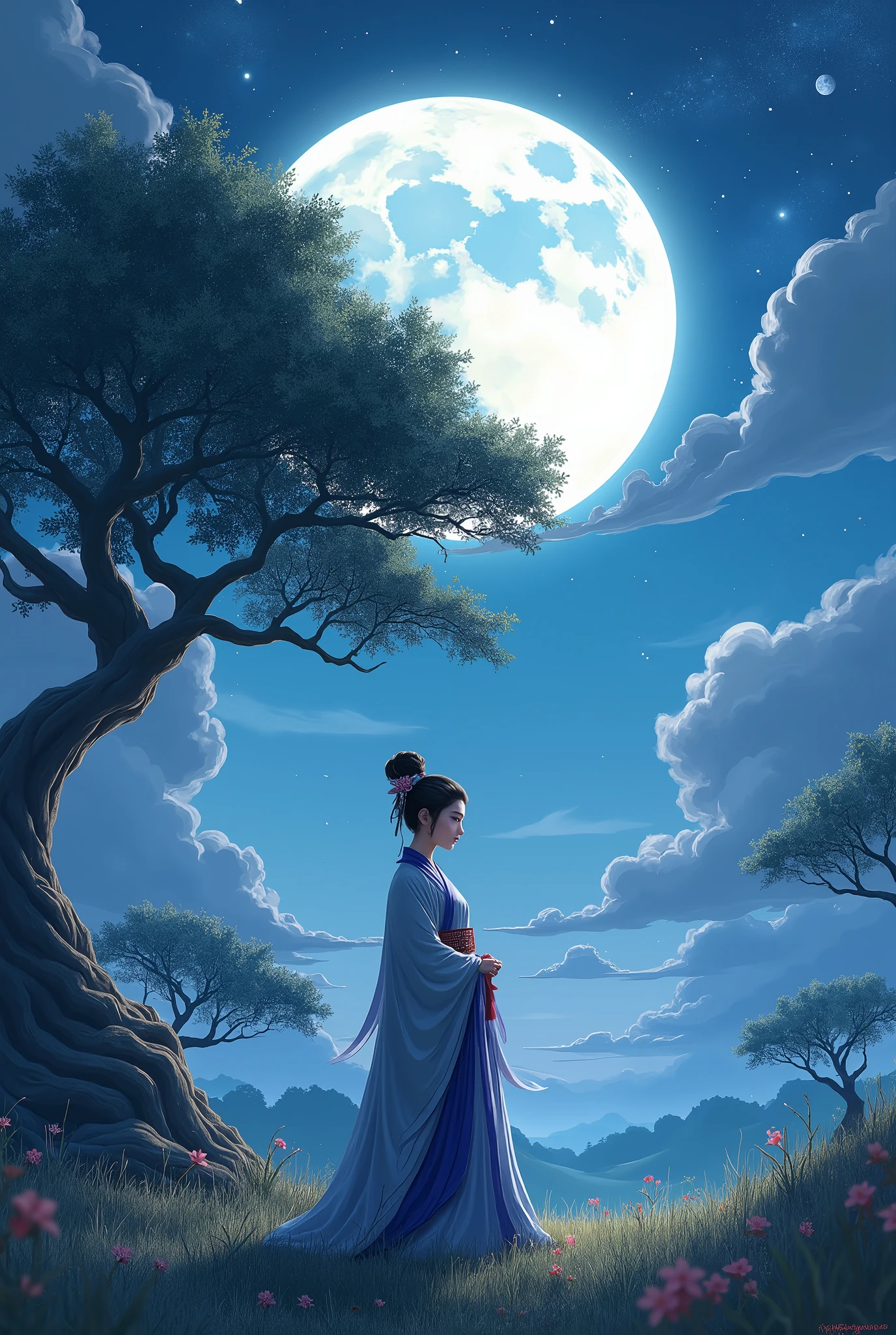 I'm wearing traditional Hanfu,Beautiful female warrior,,   big eyes,  have long eyelashes,  detailed nose  ,Detailed mouth,   A Beautiful Night Sky  , moonlight, Shining Star, Shining Star, Flowing Clouds, Large Tree, Grass Square,  best quality,  high res,  high image quality, 8k, masterpiece,  animation art, 