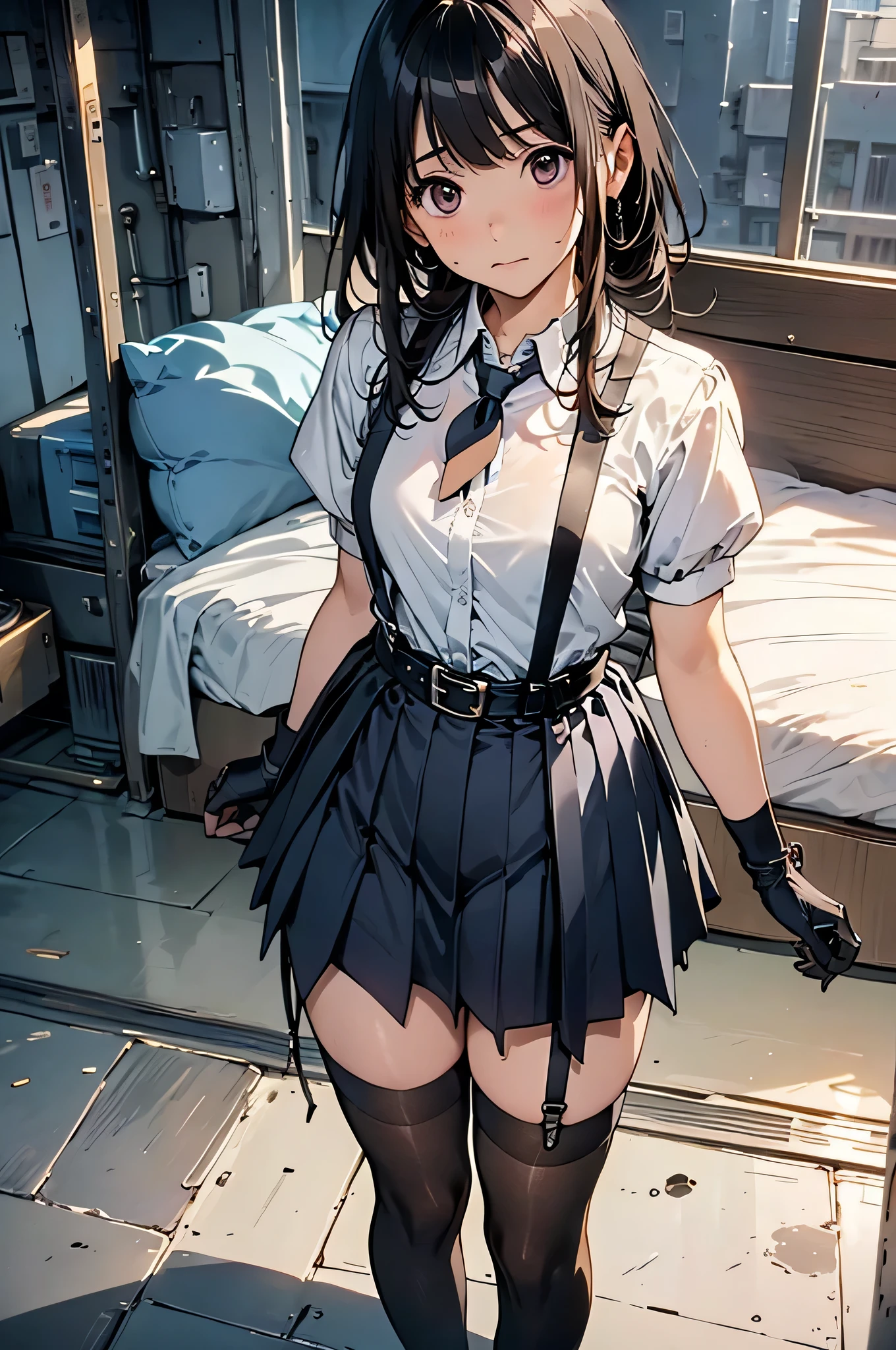  High Quality , masterpiece,  super high res, ( realism: 1.4),  oil painting style ,  movie lighting, ,  I stood on an empty asphalt road and watched it.., and、flying crane suspenders 　　 Big Breasts　 　 　　　　 small face 　 　　　　　　　　　　  Lies in Bed 　 looks up　　　　sweat 　　　belt　buzzer　脇sweat 　 black hole gloves 　suit　　　　  miniskirt　garterbelt　Foot Link　ズボンのbelt　　　 　　 place hands on back 　  uneasy expression　 looks up　 uneasy expression　Knee-length　 knee socks　Knee-length socks garter belt　garter　Garterbelt on thighs,  place hands on back 　　restrict　handcuffs　Cable ties　Cable ties on thumbs
