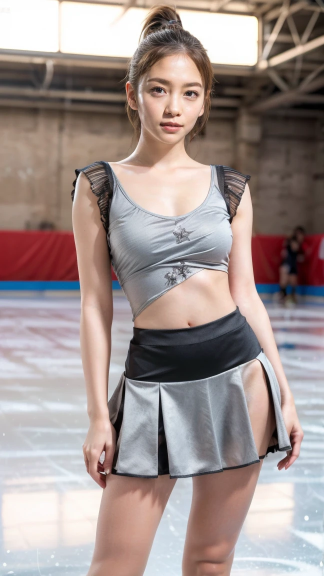 (8k, best quality:1.3), (extremely detailed:1.2), perfect anatomy, beautiful Japanese woman, 18 years old, healthy thighs, beautiful legs, beautiful skin, random hair color, random hairstyle, large breasts, (she is standing:1.2), female figure skater, figure skating outfit, (miniskirt:1.3), full body shot, skate shoes, skating rink, Rina Kawaei