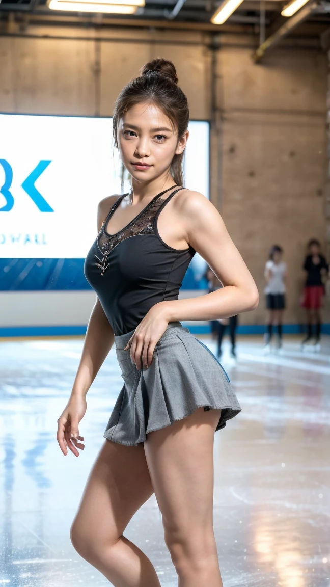 (8k, best quality:1.3), (extremely detailed:1.2), perfect anatomy, beautiful Japanese woman, 18 years old, healthy thighs, beautiful legs, beautiful skin, random hair color, random hairstyle, large breasts, (she is standing:1.2), female figure skater, figure skating outfit, (miniskirt:1.3), full body shot, skate shoes, skating rink, Rina Kawaei