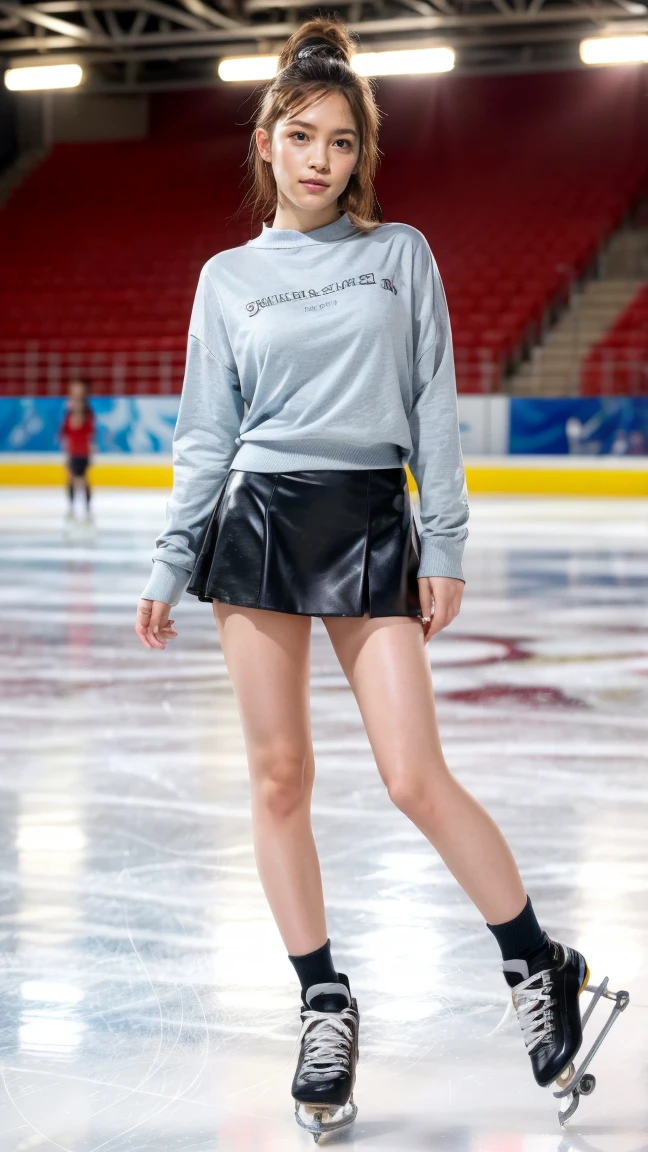 (8k, best quality:1.3), (extremely detailed:1.2), perfect anatomy, beautiful Japanese woman, 18 years old, healthy thighs, beautiful legs, beautiful skin, random hair color, random hairstyle, large breasts, (she is standing:1.2), female figure skater, figure skating outfit, (miniskirt:1.3), full body shot, skate shoes, skating rink, Rina Kawaei